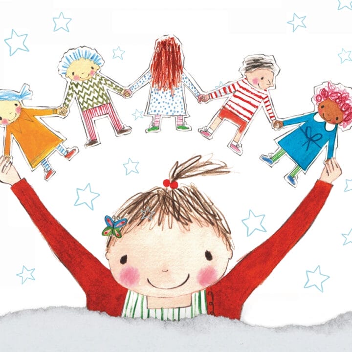 Illustration of a smiling child holding up Paper Dolls cutouts of five children, each dressed in different colorful clothes, with stars in the background.